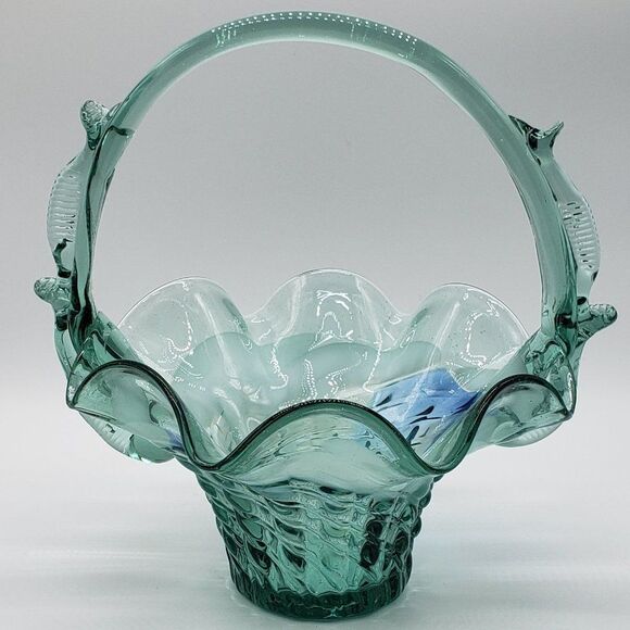 Teal White Blue Art Glass Ruffled Waffle Fruit Basket with Handle - Picture 15 of 15